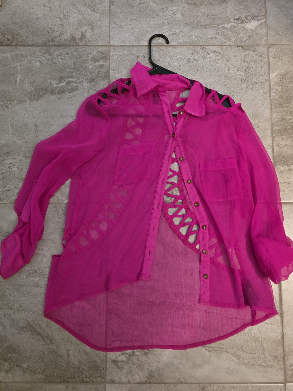 bebe Fuchsia Sheer Button-Down Shirt with Lattice Cutouts